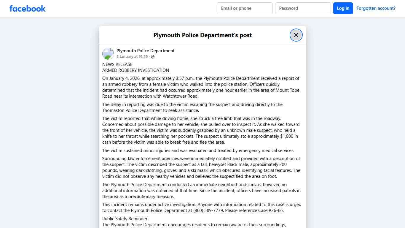 NEWS RELEASE ARMED ROBBERY... - Plymouth Police Department | Facebook