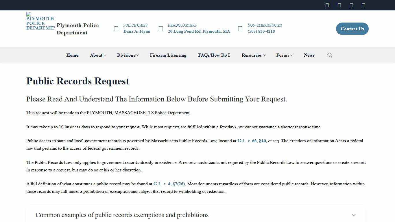 Public Records Request – Plymouth Police Department